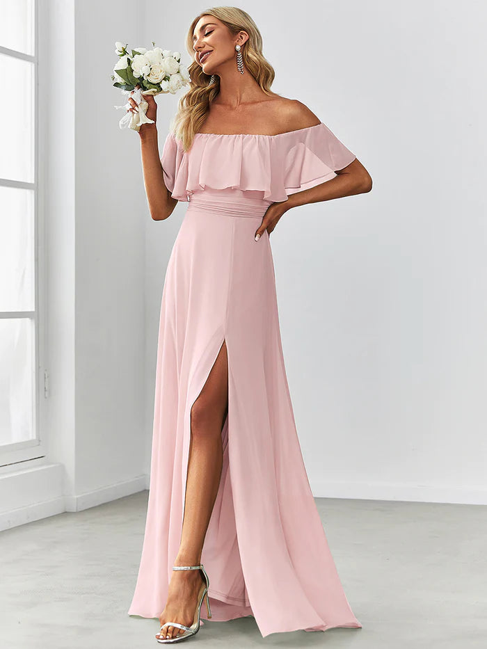 Off the Shoulder Ruffle Bodice Long Flowy Chiffon Bridesmaid Dress