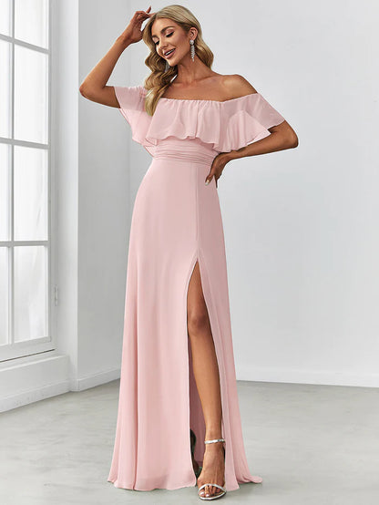 Women's Off Shoulder Ruffle Thigh Slit Bridesmaid Dresses Wholesale ES00969