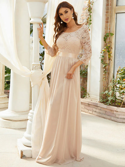 See-Through Floor Length Lace Chiffon Evening Dress with Half Sleeve