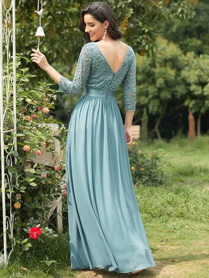 See-Through Floor Length Lace Chiffon Evening Dress with Half Sleeve