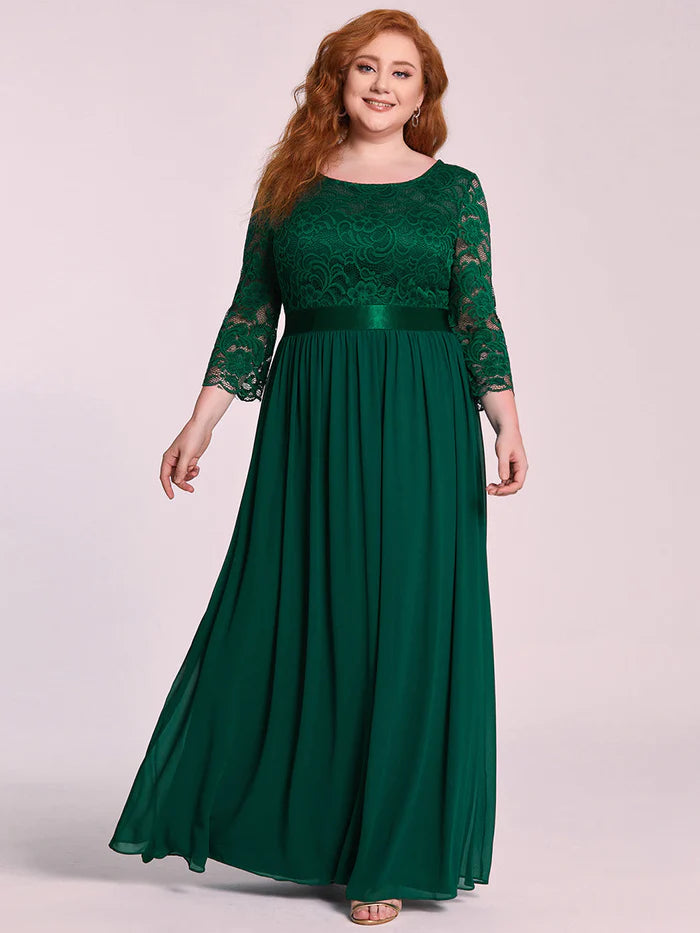 See-Through Floor Length Lace Chiffon Evening Dress with Half Sleeve