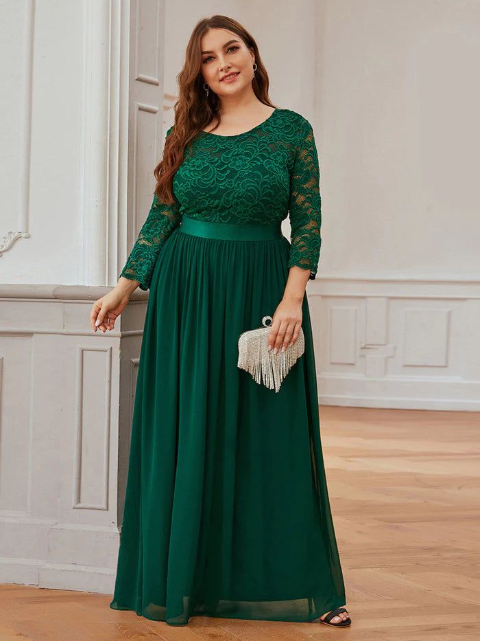 See-Through Floor Length Lace Chiffon Evening Dress with Half Sleeve