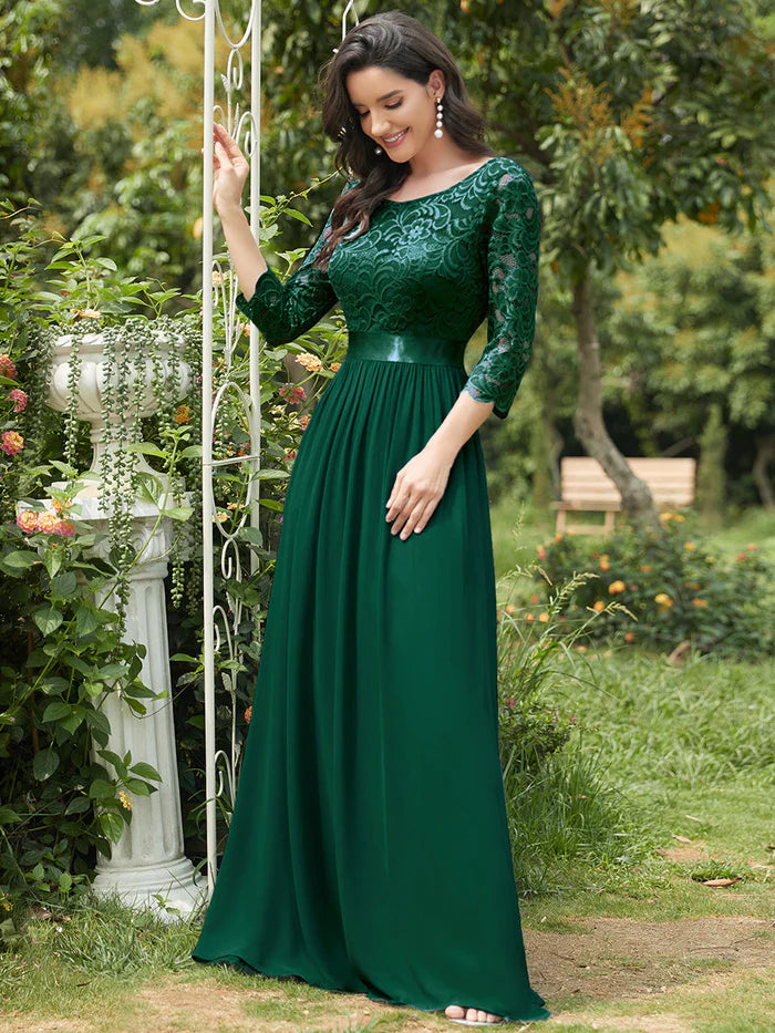 See-Through Floor Length Lace Chiffon Evening Dress with Half Sleeve