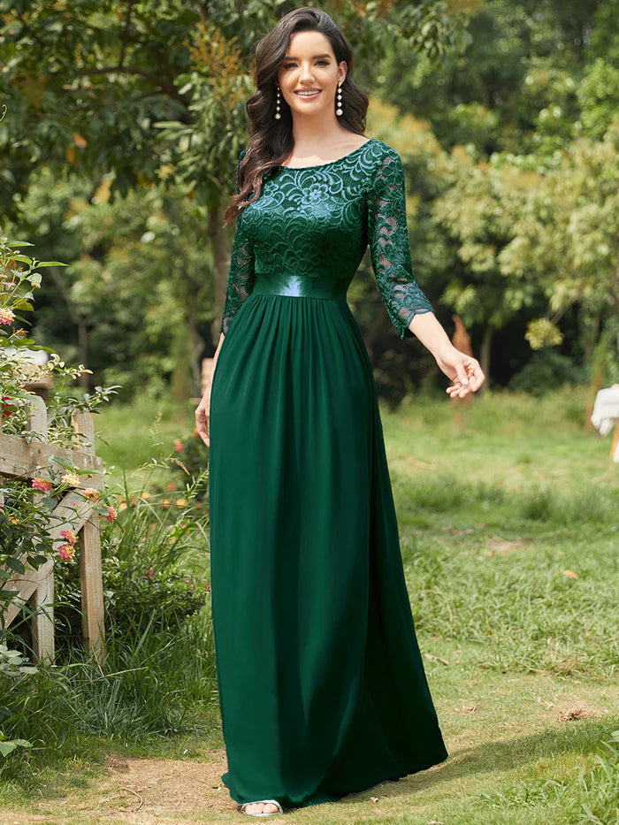 See-Through Floor Length Lace Chiffon Evening Dress with Half Sleeve