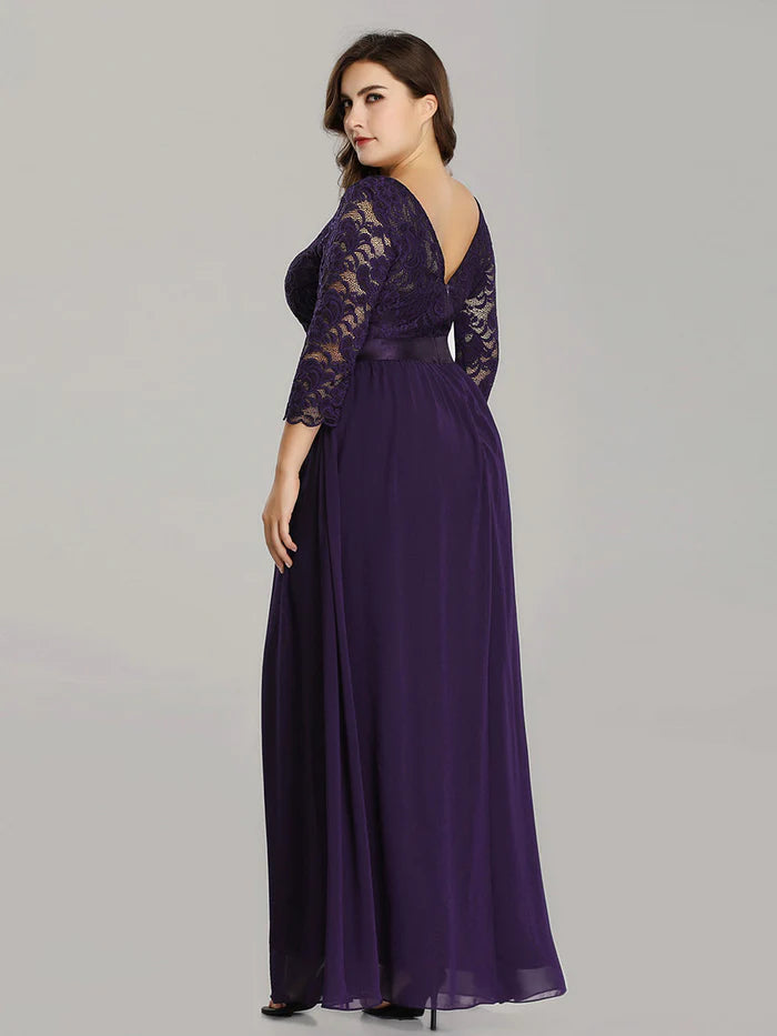 See-Through Floor Length Lace Chiffon Evening Dress with Half Sleeve