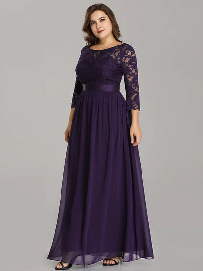 See-Through Floor Length Lace Chiffon Evening Dress with Half Sleeve