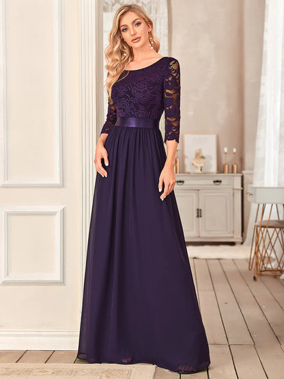 See-Through Floor Length Lace Chiffon Evening Dress with Half Sleeve