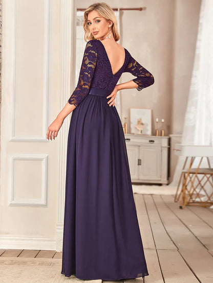 See-Through Floor Length Lace Chiffon Evening Dress with Half Sleeve