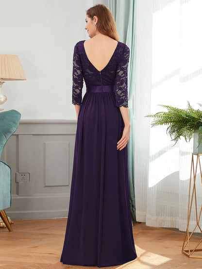 See-Through Floor Length Lace Chiffon Evening Dress with Half Sleeve