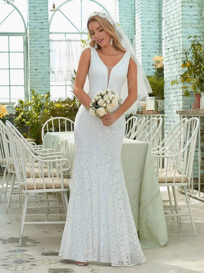 Dainty Deep V Neck Sleeveless Fishtail Lace Wedding Dress