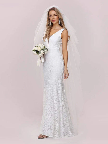 Dainty Deep V Neck Sleeveless Fishtail Lace Wedding Dress