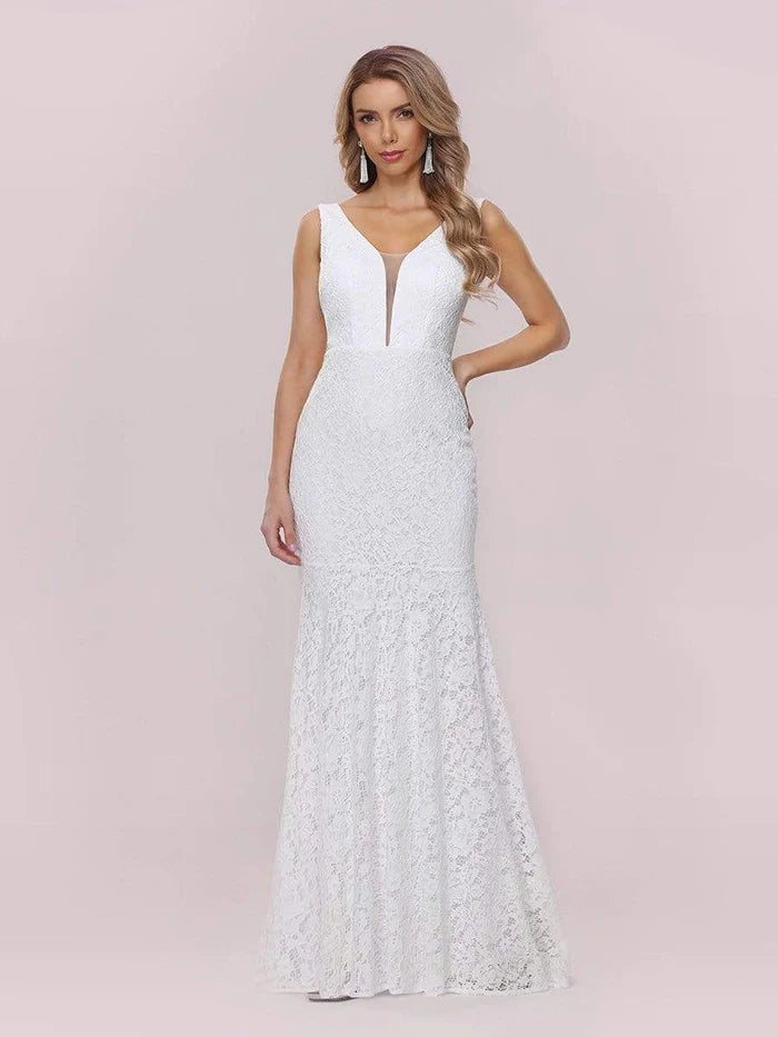 Dainty Deep V Neck Sleeveless Fishtail Lace Wedding Dress