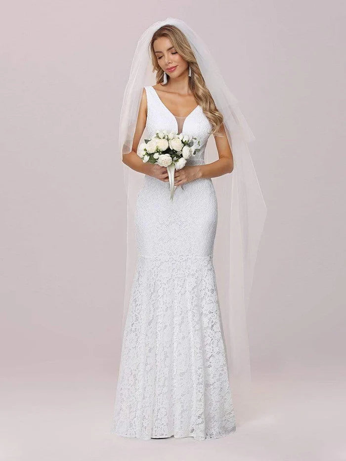 Dainty Deep V Neck Sleeveless Fishtail Lace Wedding Dress