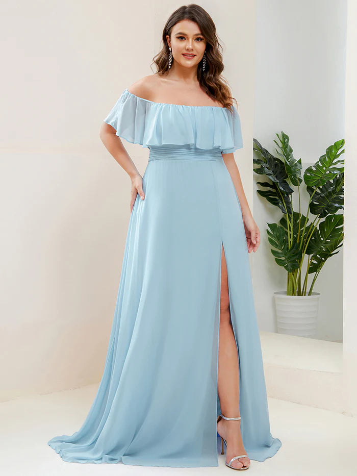 Plus Size Off the Shoulder Formal Bridesmaid Dress with Thigh Split Wholesale ES00969