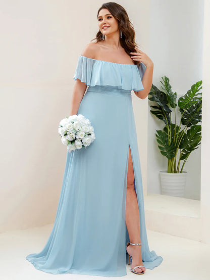 Plus Size Off the Shoulder Formal Bridesmaid Dress with Thigh Split Wholesale ES00969