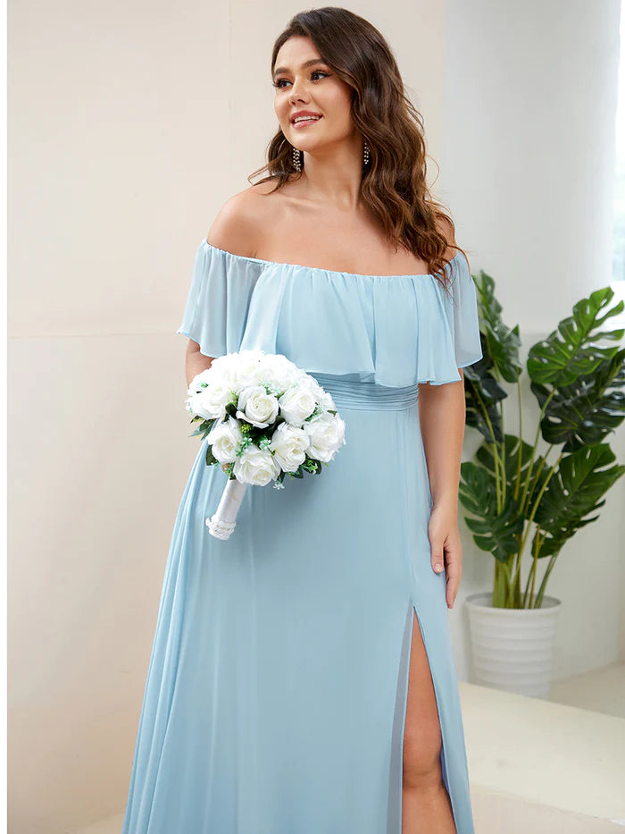 Plus Size Off the Shoulder Formal Bridesmaid Dress with Thigh Split Wholesale ES00969