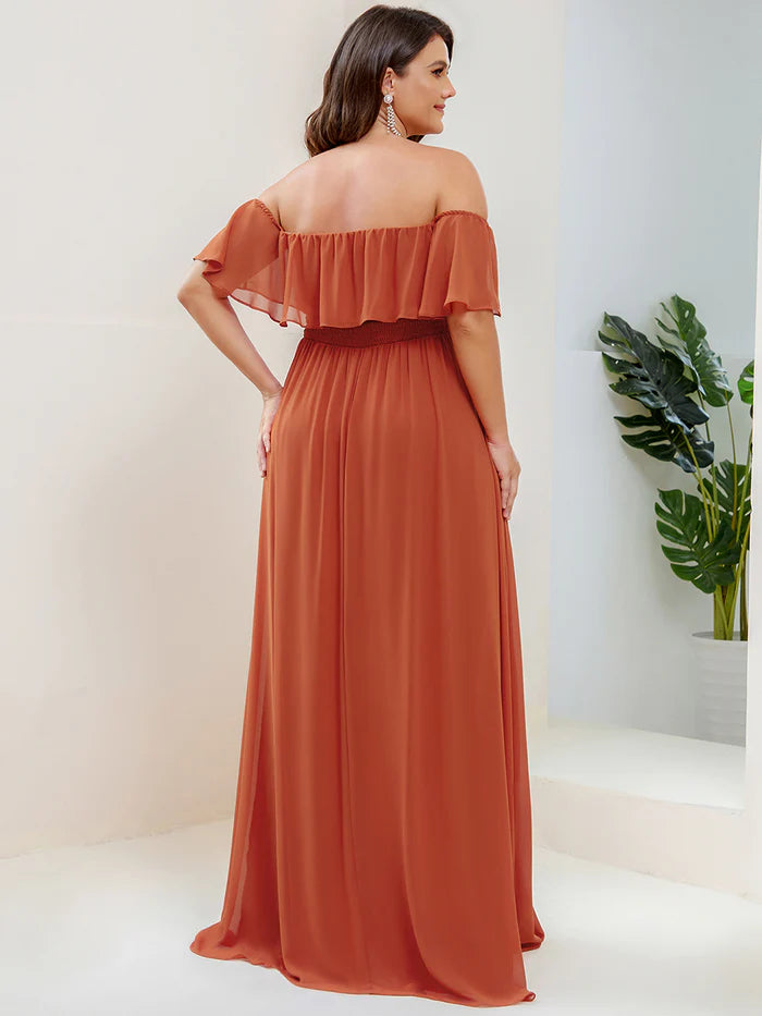 Off the Shoulder Ruffle Bodice Long Flowy Chiffon Bridesmaid Dress