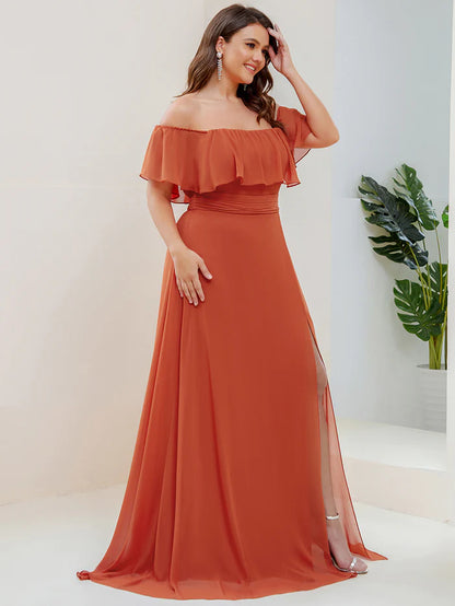 Off the Shoulder Ruffle Bodice Long Flowy Chiffon Bridesmaid Dress