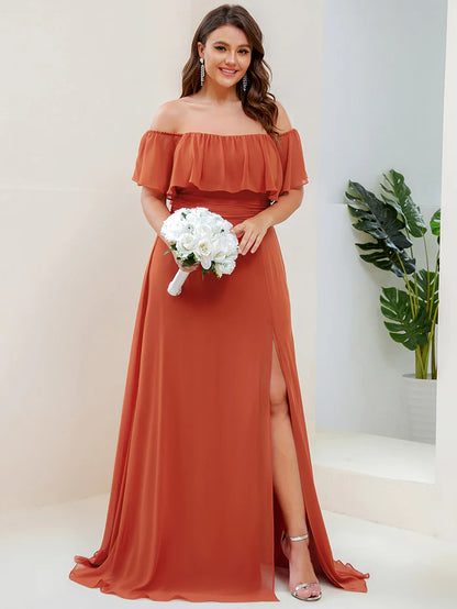 Off the Shoulder Ruffle Bodice Long Flowy Chiffon Bridesmaid Dress