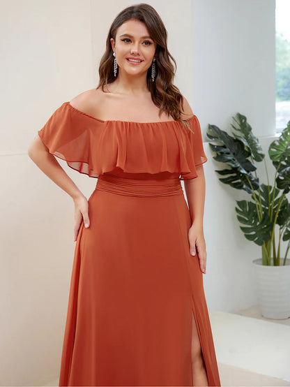 Off the Shoulder Ruffle Bodice Long Flowy Chiffon Bridesmaid Dress