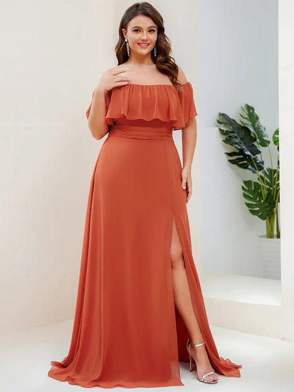 Off the Shoulder Ruffle Bodice Long Flowy Chiffon Bridesmaid Dress