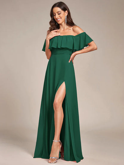 Women's Off Shoulder Ruffle Thigh Slit Bridesmaid Dresses Wholesale ES00969