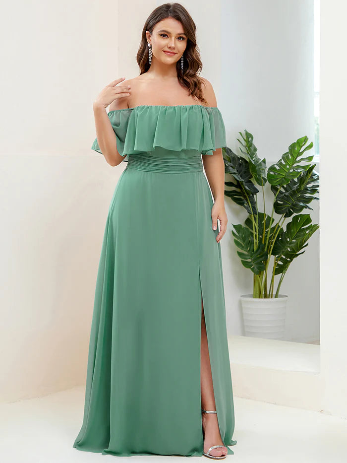 Off the Shoulder Ruffle Bodice Long Flowy Chiffon Bridesmaid Dress