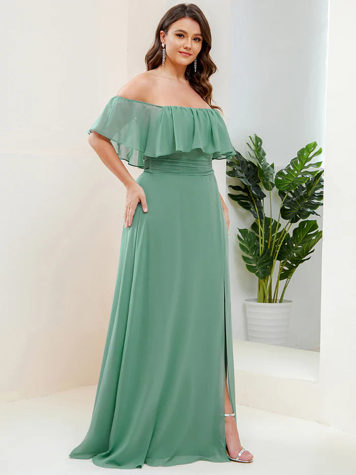 Off the Shoulder Ruffle Bodice Long Flowy Chiffon Bridesmaid Dress