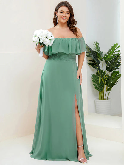 Off the Shoulder Ruffle Bodice Long Flowy Chiffon Bridesmaid Dress