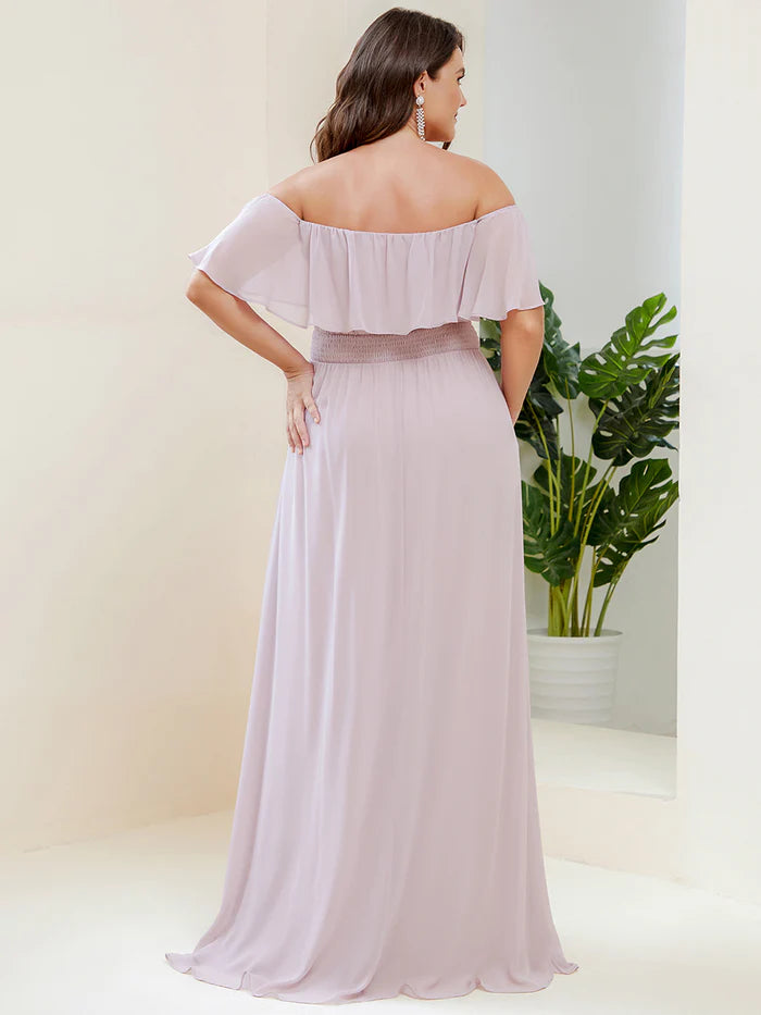 Off the Shoulder Ruffle Bodice Long Flowy Chiffon Bridesmaid Dress