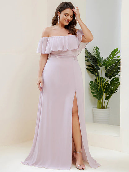 Off the Shoulder Ruffle Bodice Long Flowy Chiffon Bridesmaid Dress