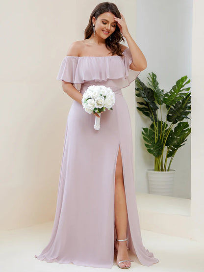 Off the Shoulder Ruffle Bodice Long Flowy Chiffon Bridesmaid Dress