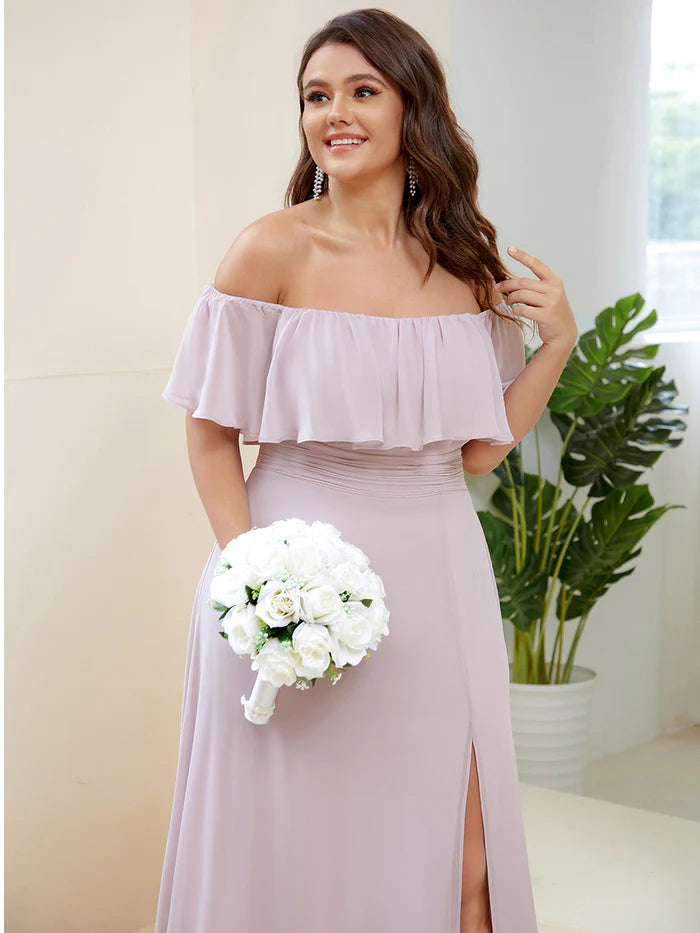 Off the Shoulder Ruffle Bodice Long Flowy Chiffon Bridesmaid Dress