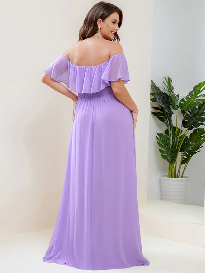 Off the Shoulder Ruffle Bodice Long Flowy Chiffon Bridesmaid Dress