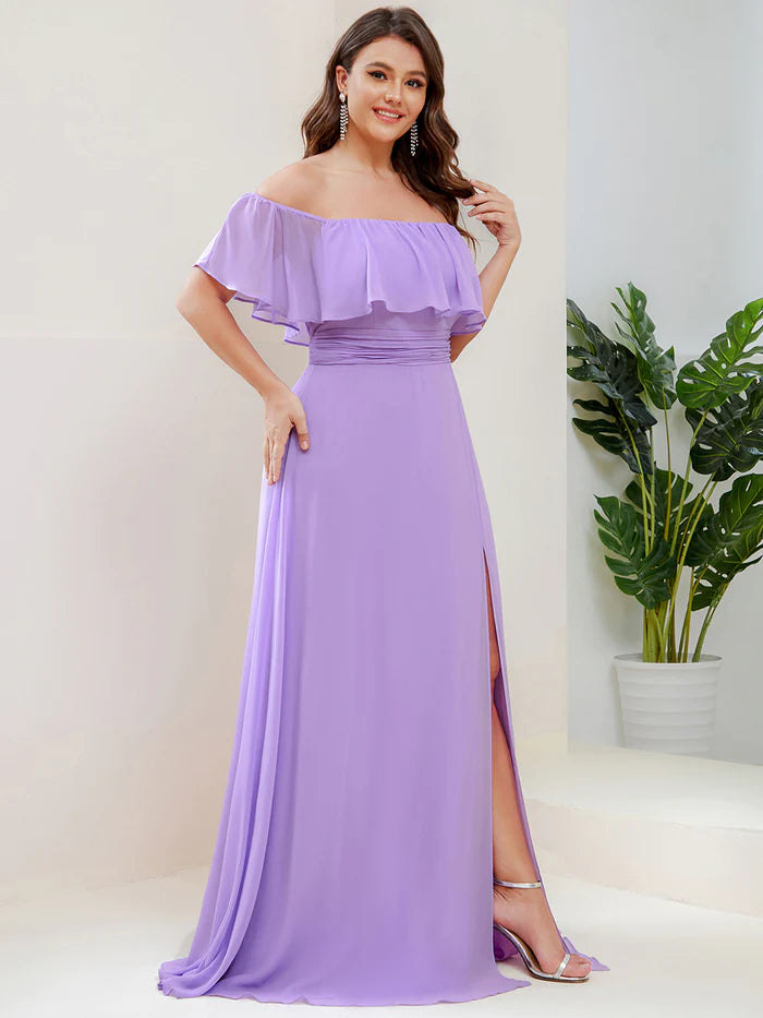 Off the Shoulder Ruffle Bodice Long Flowy Chiffon Bridesmaid Dress