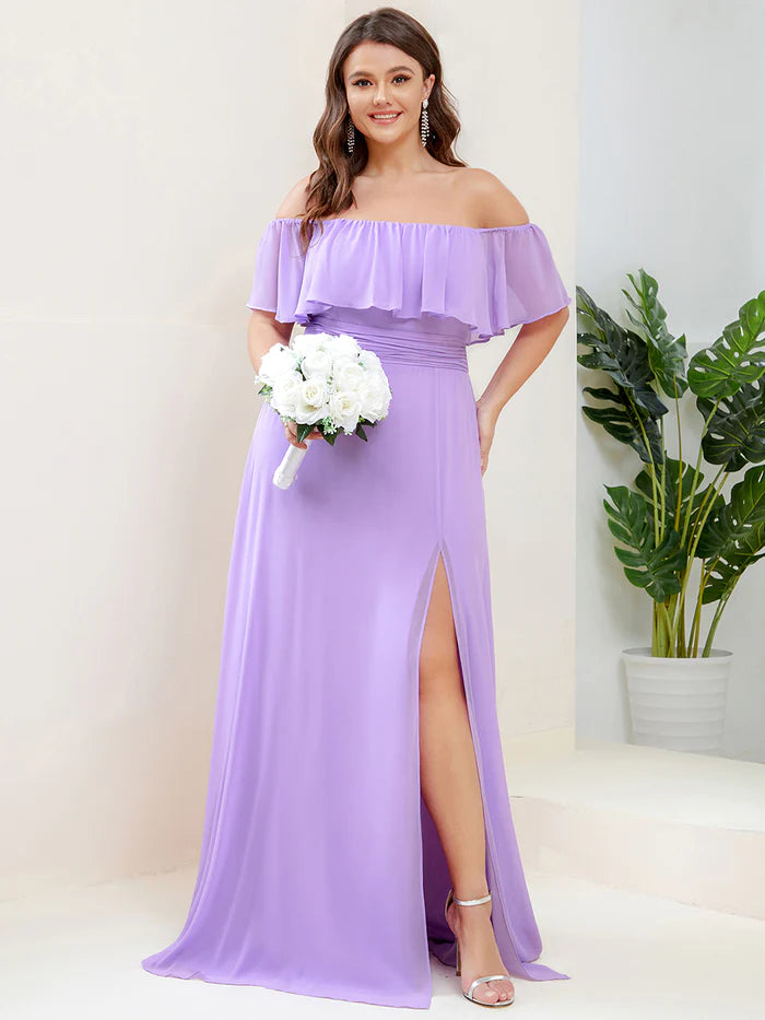 Off the Shoulder Ruffle Bodice Long Flowy Chiffon Bridesmaid Dress