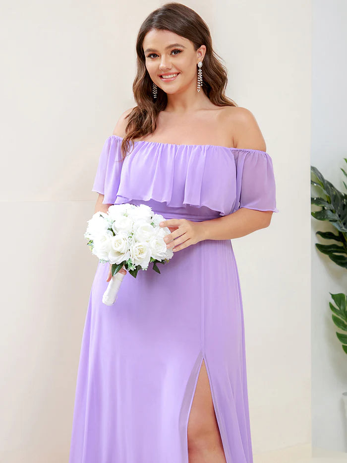 Off the Shoulder Ruffle Bodice Long Flowy Chiffon Bridesmaid Dress