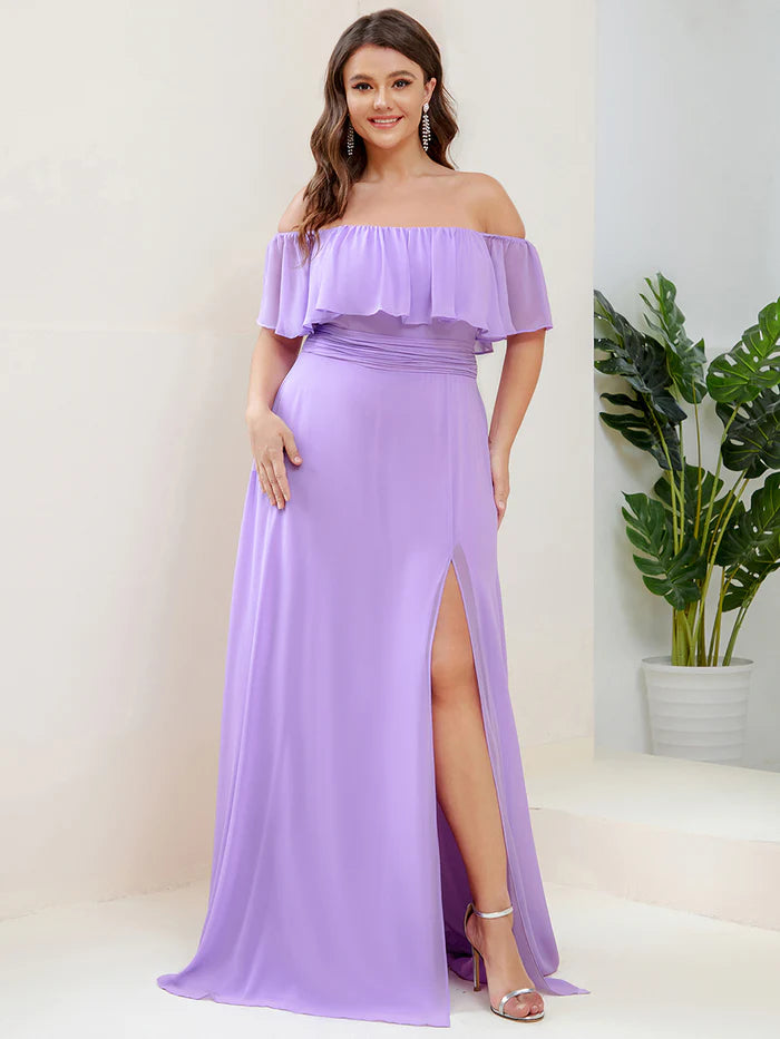 Off the Shoulder Ruffle Bodice Long Flowy Chiffon Bridesmaid Dress