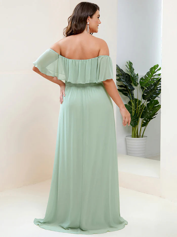 Off the Shoulder Ruffle Bodice Long Flowy Chiffon Bridesmaid Dress