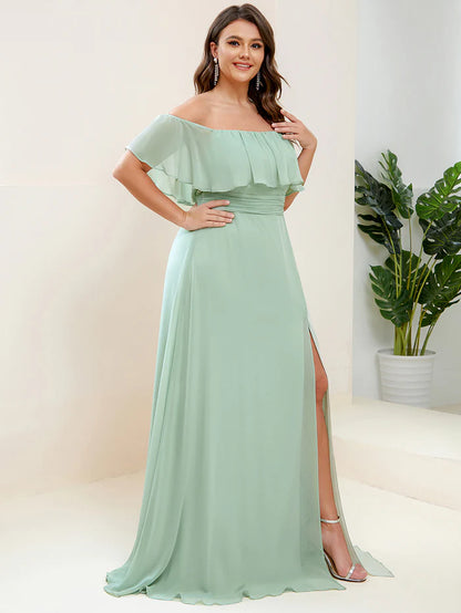 Plus Size Off the Shoulder Formal Bridesmaid Dress with Thigh Split Wholesale ES00969