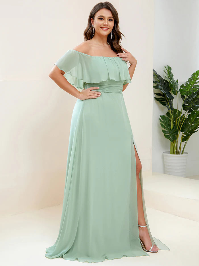 Off the Shoulder Ruffle Bodice Long Flowy Chiffon Bridesmaid Dress