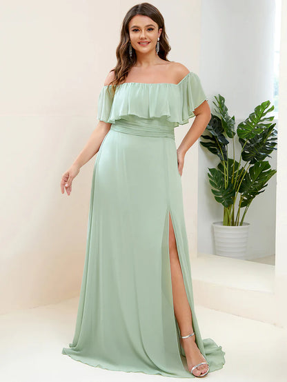 Off the Shoulder Ruffle Bodice Long Flowy Chiffon Bridesmaid Dress