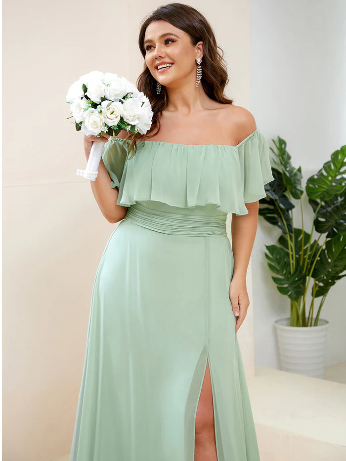 Off the Shoulder Ruffle Bodice Long Flowy Chiffon Bridesmaid Dress