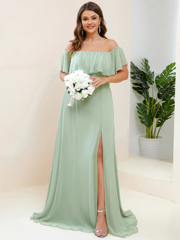 Off the Shoulder Ruffle Bodice Long Flowy Chiffon Bridesmaid Dress