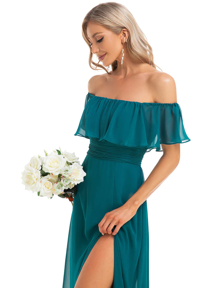 Women's Off Shoulder Ruffle Thigh Slit Bridesmaid Dresses Wholesale ES00969