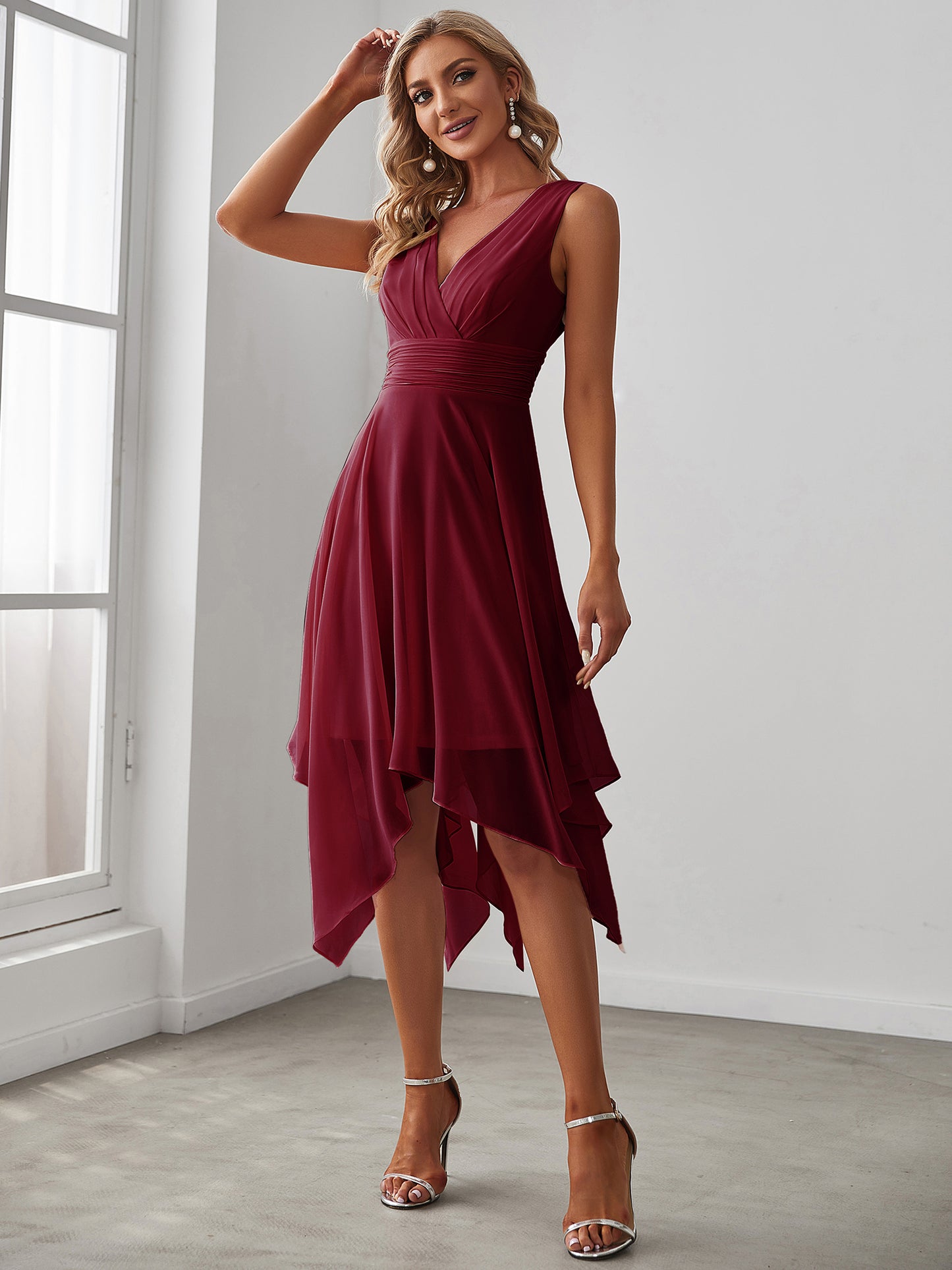 V Neck Ruched Asymmetrical Hems Midi Chiffon Bridesmaid Dress