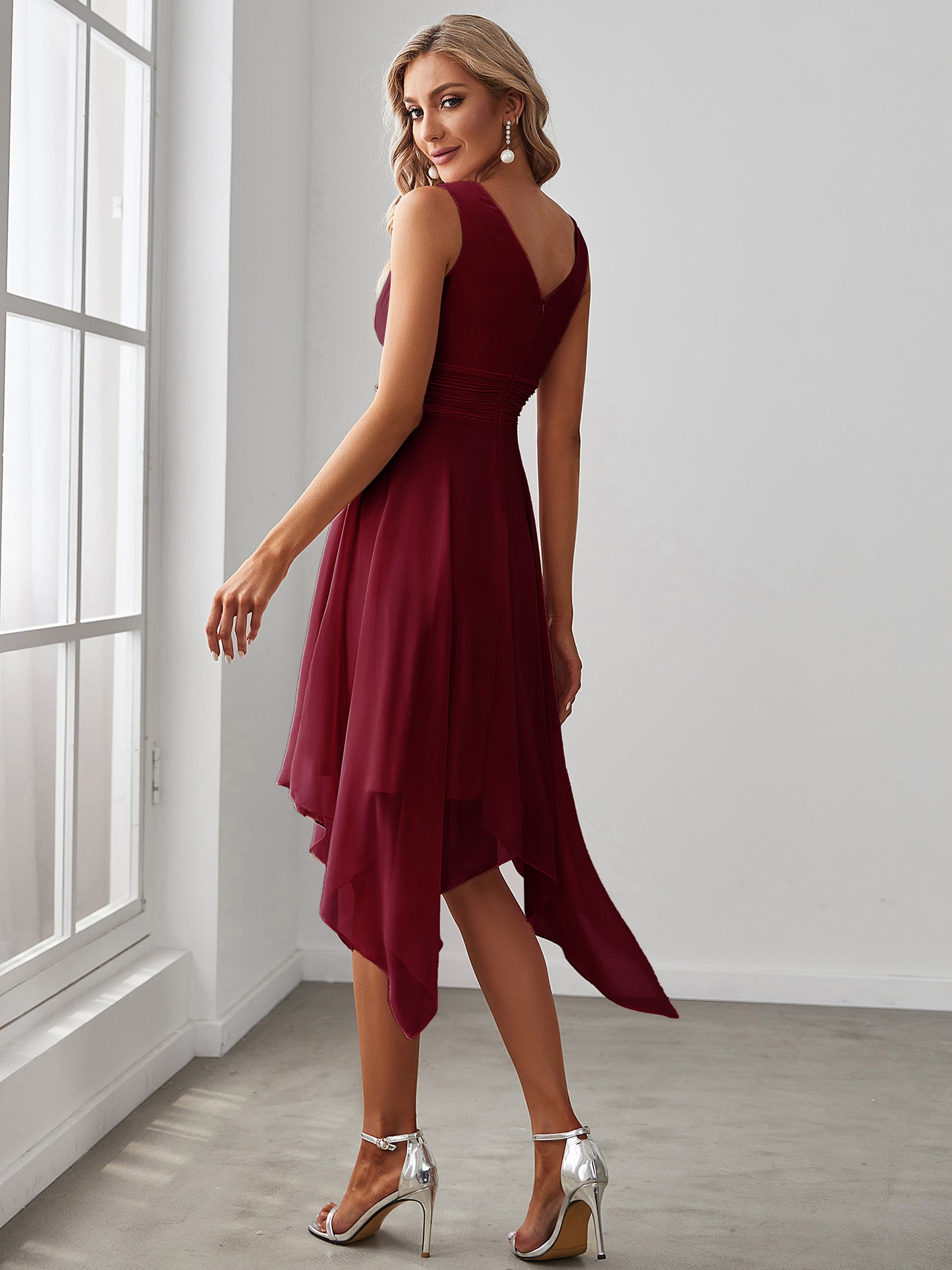 V Neck Ruched Asymmetrical Hems Midi Chiffon Bridesmaid Dress