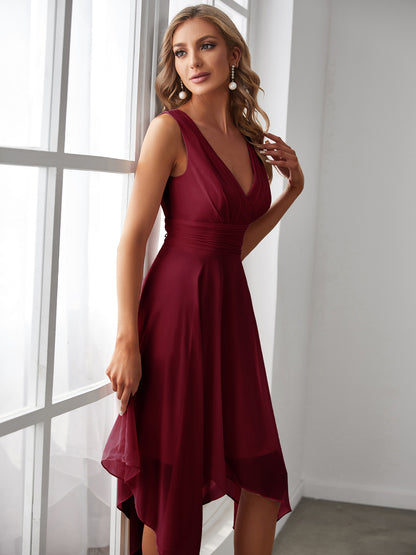 V Neck Ruched Asymmetrical Hems Midi Chiffon Bridesmaid Dress