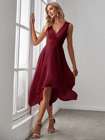 V Neck Ruched Asymmetrical Hems Midi Chiffon Bridesmaid Dress