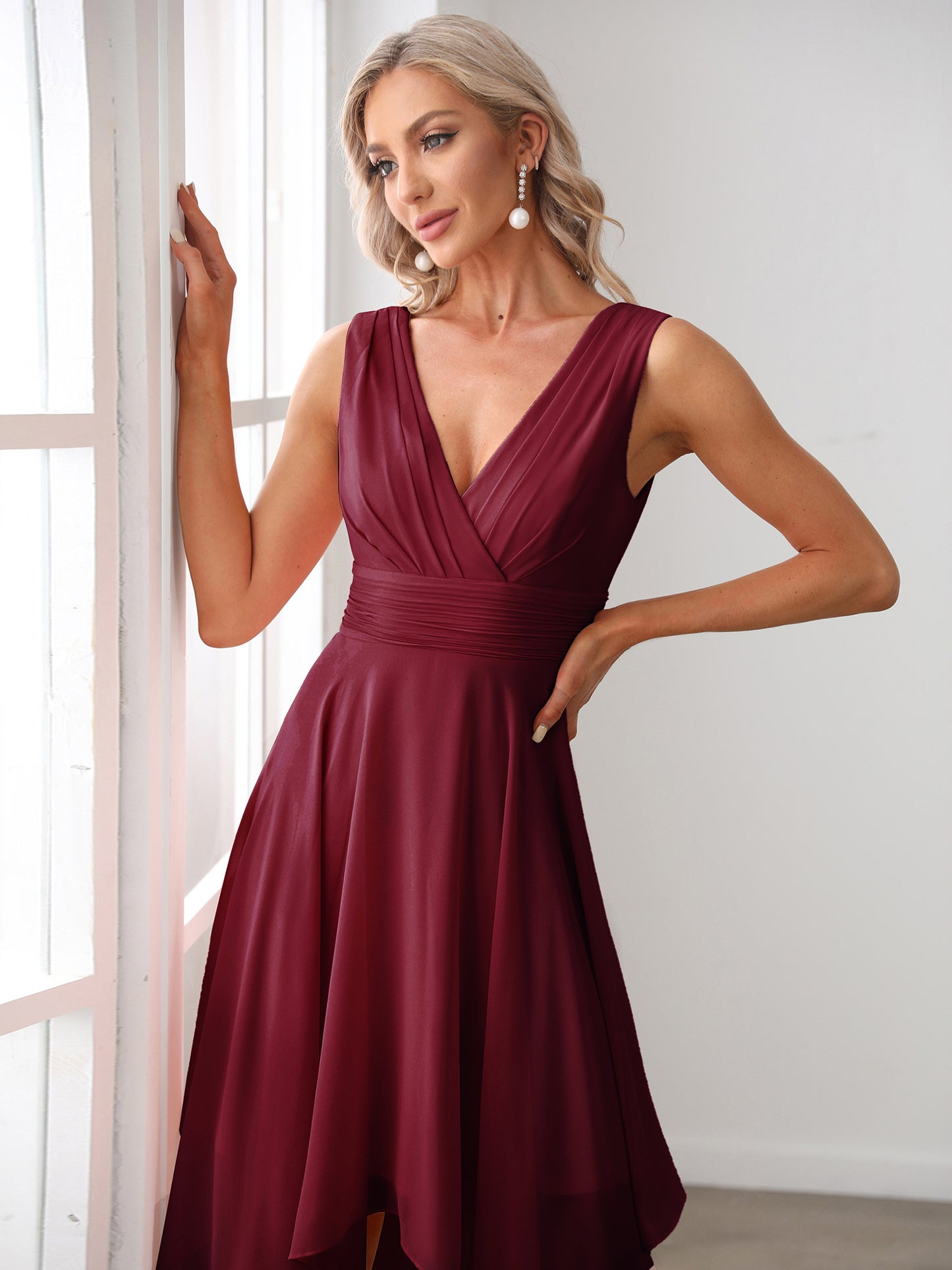 V Neck Ruched Asymmetrical Hems Midi Chiffon Bridesmaid Dress